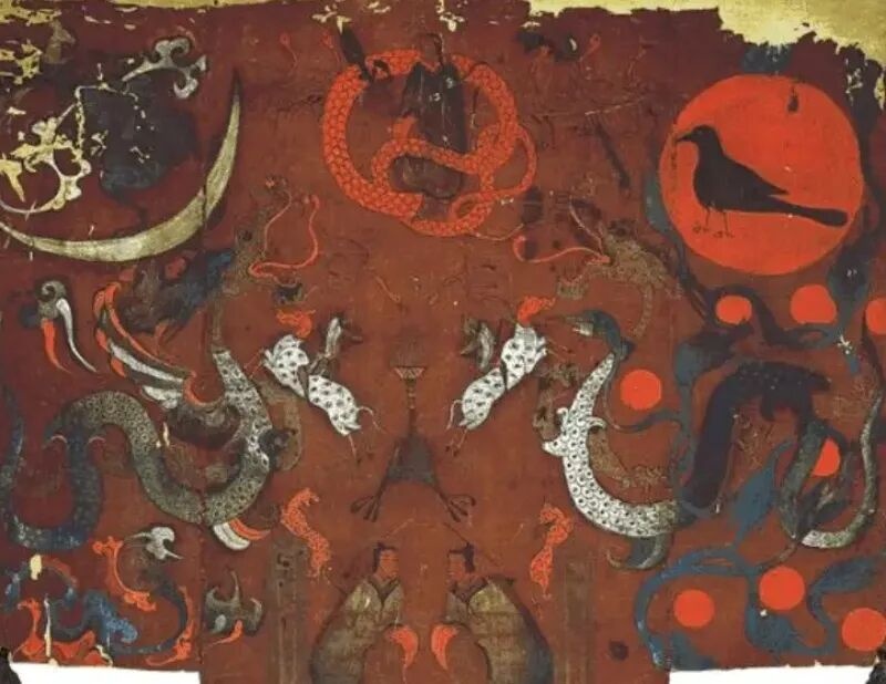 马王堆一号汉墓T型帛画上部的金乌与银蟾.jpg